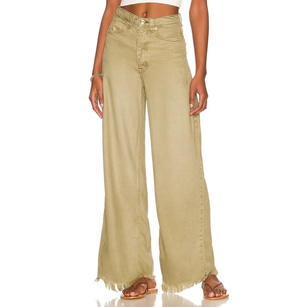Free People We The Free Old West Wide Leg Jeans Tan Khaki Frayed Hem Size 28